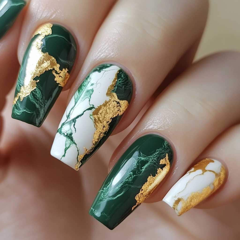 Green Marble Nail Designs - Emerald Green and Gold Marble